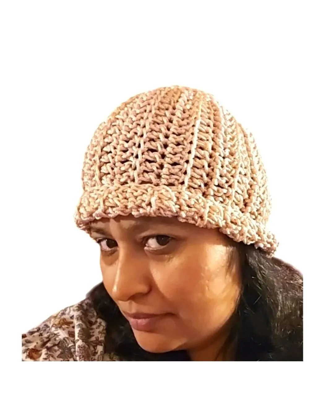 Handmade Crochet Pom pom Beanie hat Pink hollow out stitch Retro Nylon Art